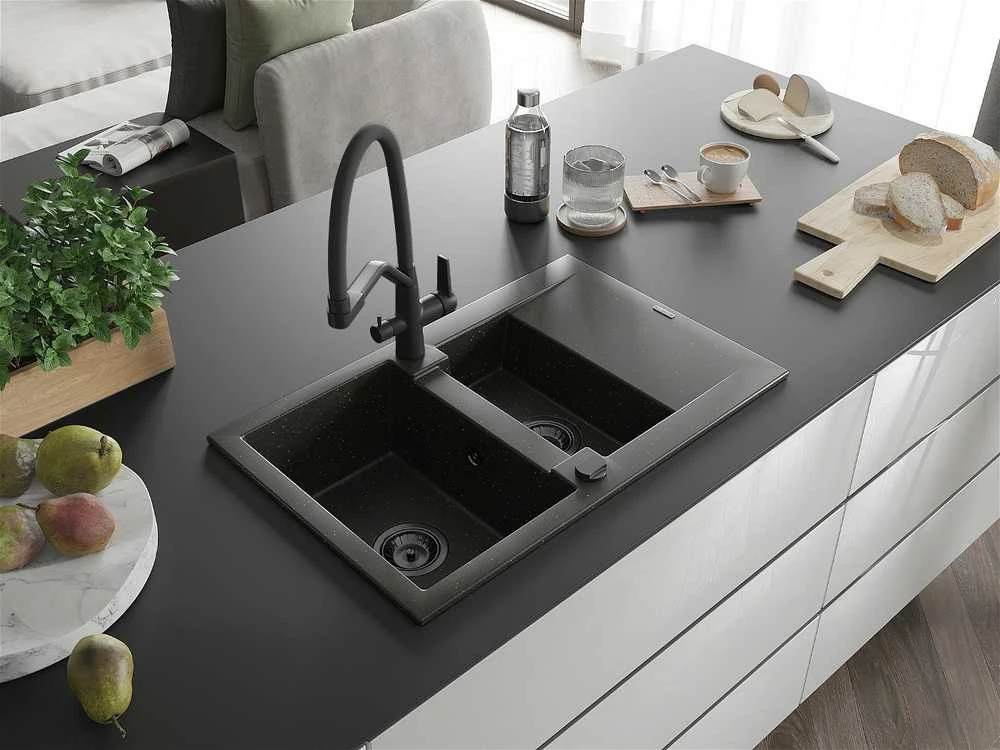 Granitinė virtuvinė plautuvė Mexen Gaspar su maišytuvu ir sifonu, Metallic juodas/auksinis+Juodas
