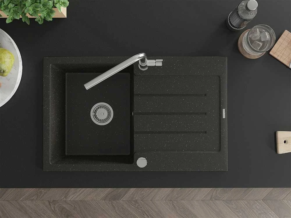 Granitinė virtuvinė plautuvė Mexen Bruno su maišytuvu ir sifonu, Metallic juodas/auksinis+Chrome