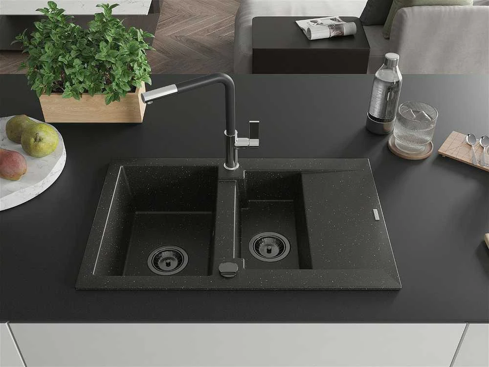 Granitinė virtuvinė plautuvė Mexen Gaspar su maišytuvu ir sifonu, Metallic juodas/auksinis+Juodas/Chrome