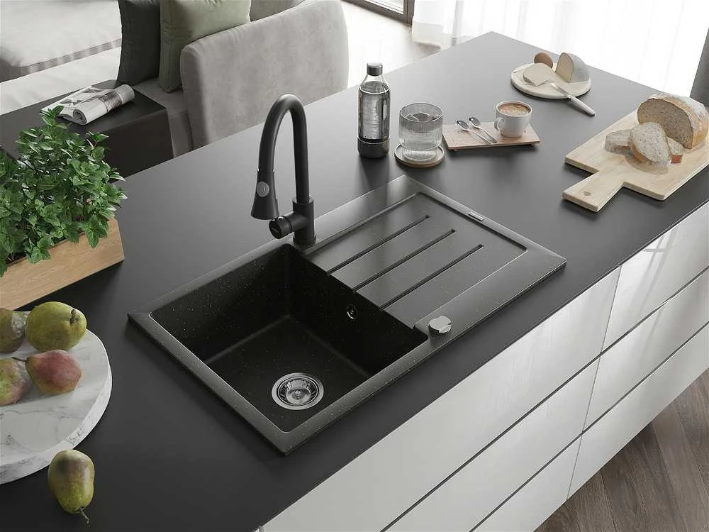 Granitinė virtuvinė plautuvė Mexen Bruno su maišytuvu ir sifonu, Metallic juodas/auksinis+Juodas