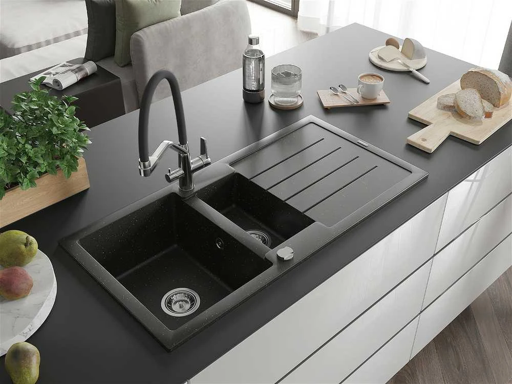 Granitinė virtuvinė plautuvė Mexen Andres su maišytuvu ir sifonu, Metallic juodas/auksinis+Juodas/Chrome