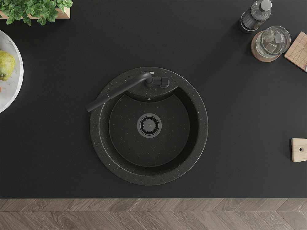 Granitinė virtuvinė plautuvė Mexen Diego su maišytuvu ir sifonu, Metallic juodas/auksinis+Juodas