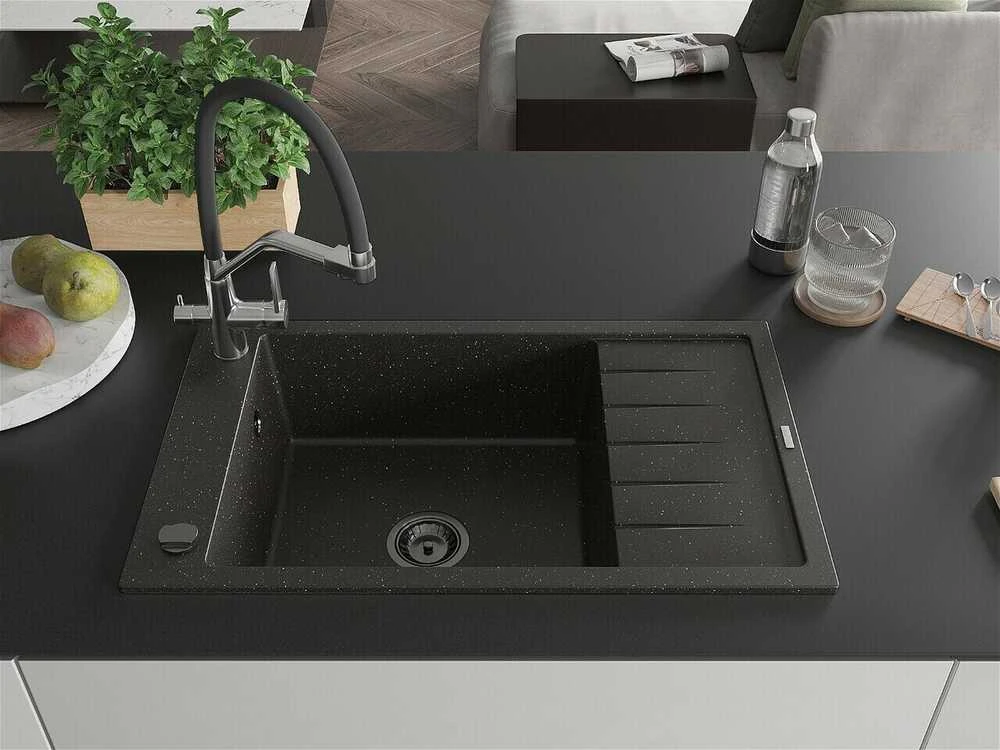 Granitinė virtuvinė plautuvė Mexen Elias su maišytuvu ir sifonu, Metallic juodas/auksinis+Juodas/Chrome