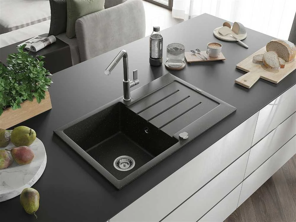 Granitinė virtuvinė plautuvė Mexen Bruno su maišytuvu ir sifonu, Metallic juodas/auksinis+Chrome