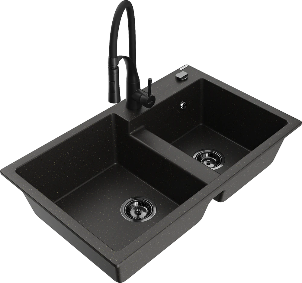 Granitinė virtuvinė plautuvė Mexen Tomas su maišytuvu ir sifonu, Metallic juodas/auksinis+Juodas