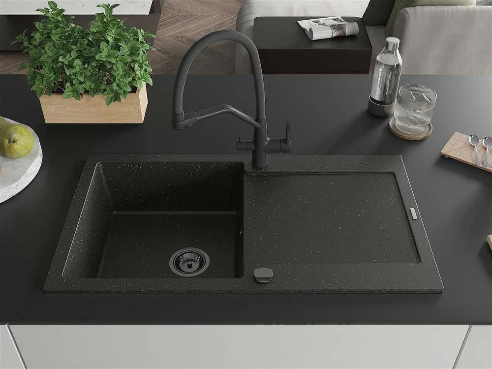 Granitinė virtuvinė plautuvė Mexen Leo su maišytuvu ir sifonu, Metallic juodas/auksinis+Juodas