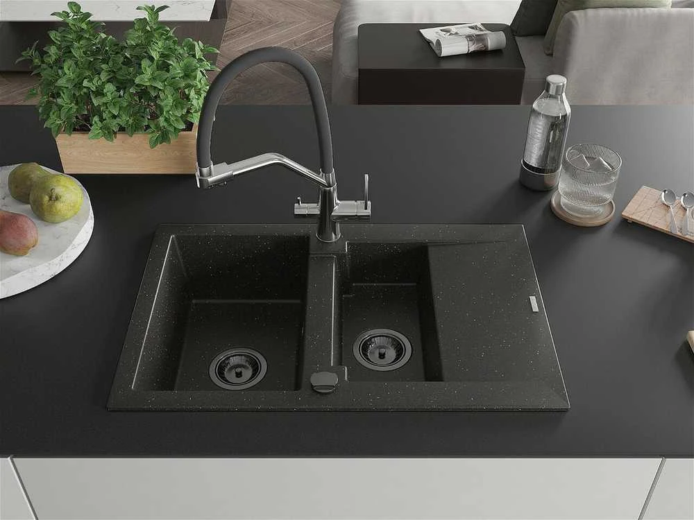 Granitinė virtuvinė plautuvė Mexen Gaspar su maišytuvu ir sifonu, Metallic juodas/auksinis+Juodas/Chrome
