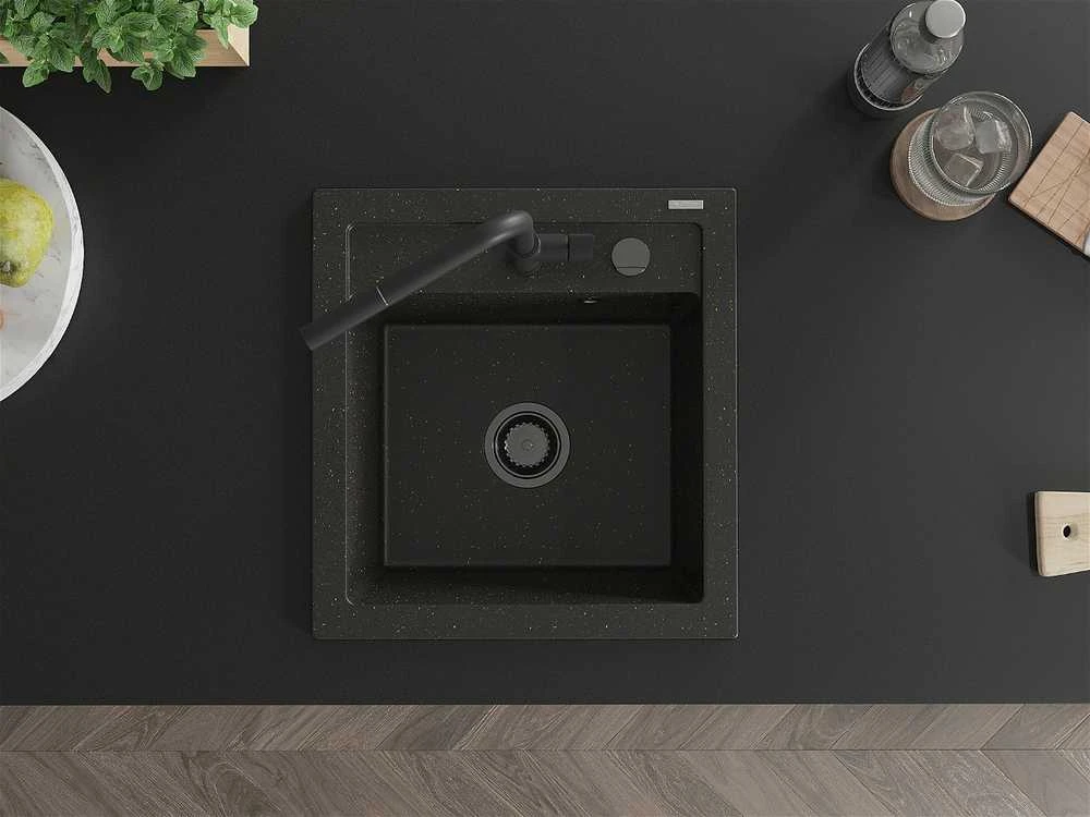 Granitinė virtuvinė plautuvė Mexen Vito su maišytuvu ir sifonu, Metallic juodas/auksinis+Juodas