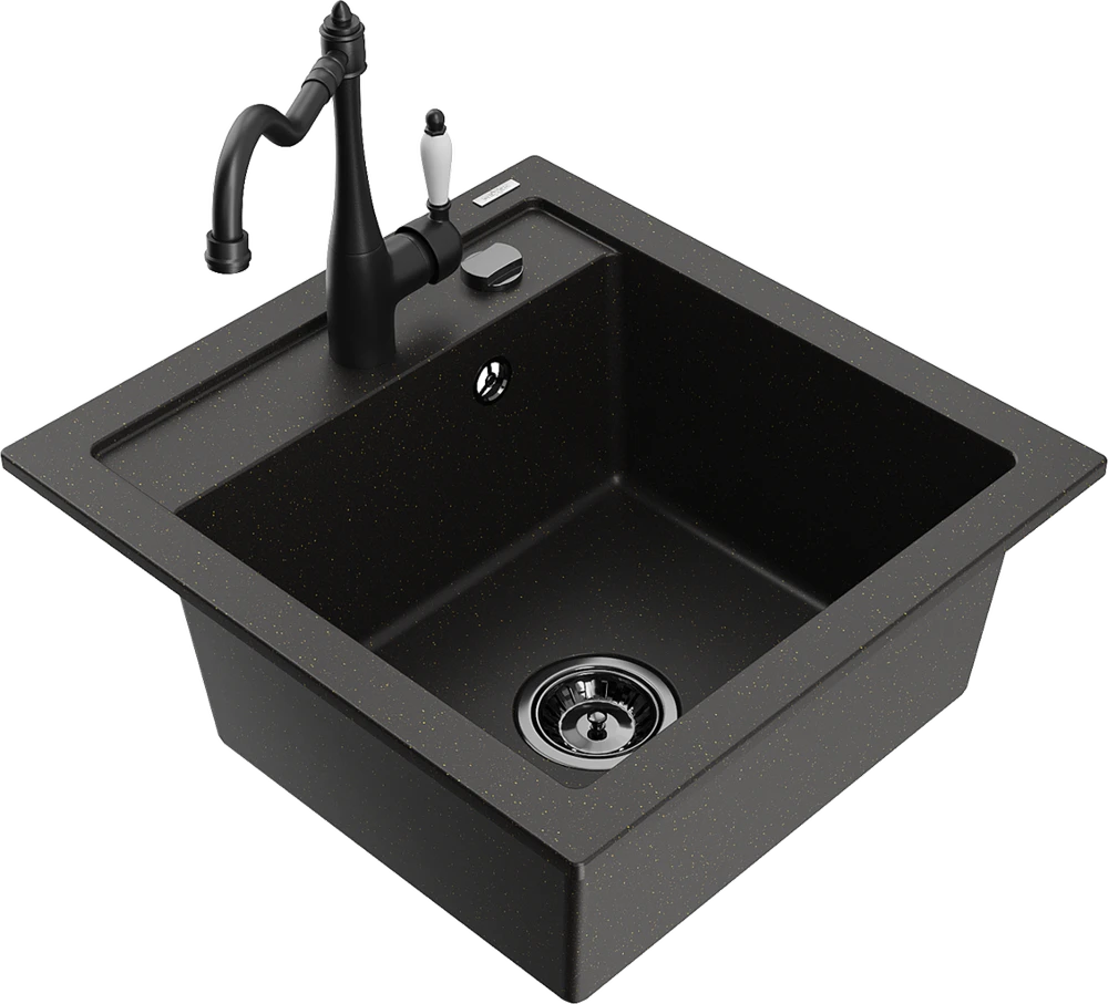 Granitinė virtuvinė plautuvė Mexen Vito su maišytuvu ir sifonu, Metallic juodas/auksinis+Juodas