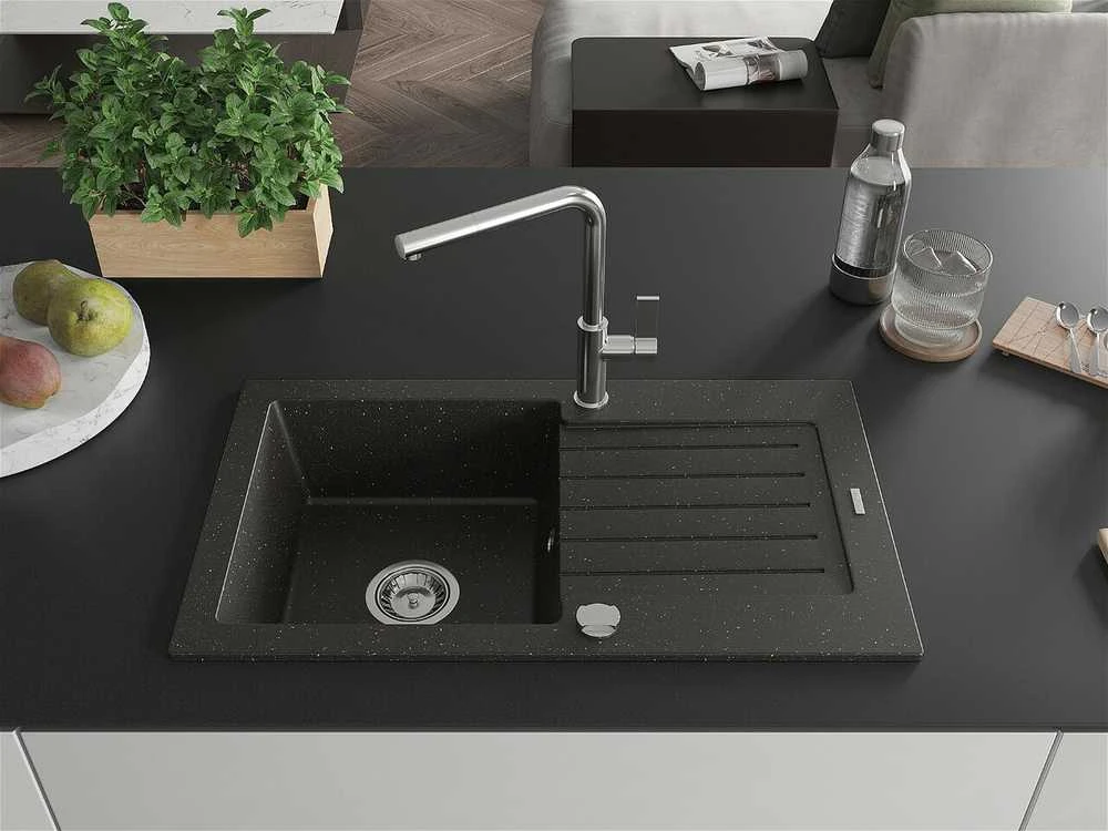 Granitinė virtuvinė plautuvė Mexen Pablo su maišytuvu ir sifonu, Metallic juodas/auksinis+Chrome