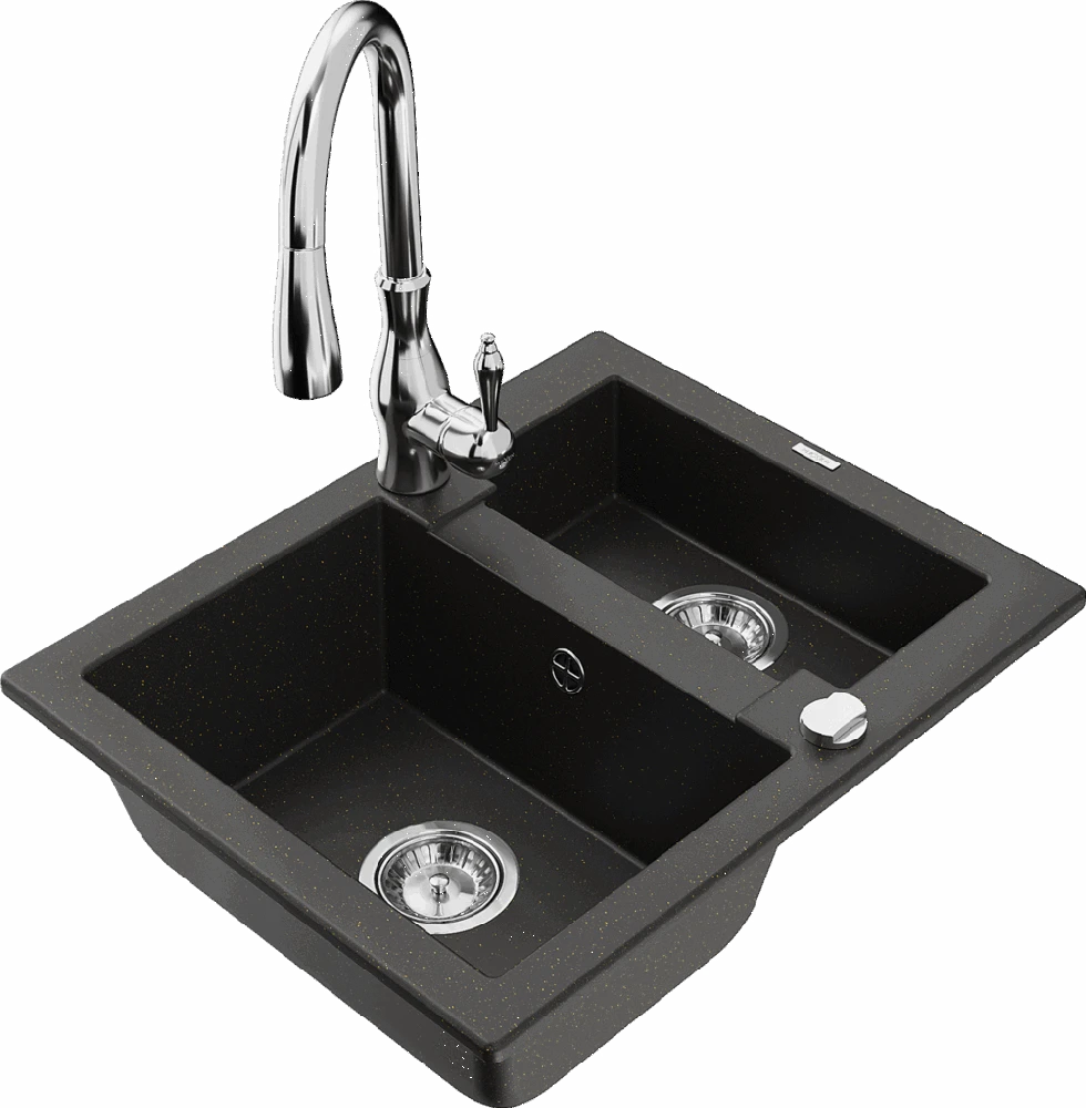 Granitinė virtuvinė plautuvė Mexen Carlos su maišytuvu ir sifonu, Metallic juodas/auksinis+Chrome