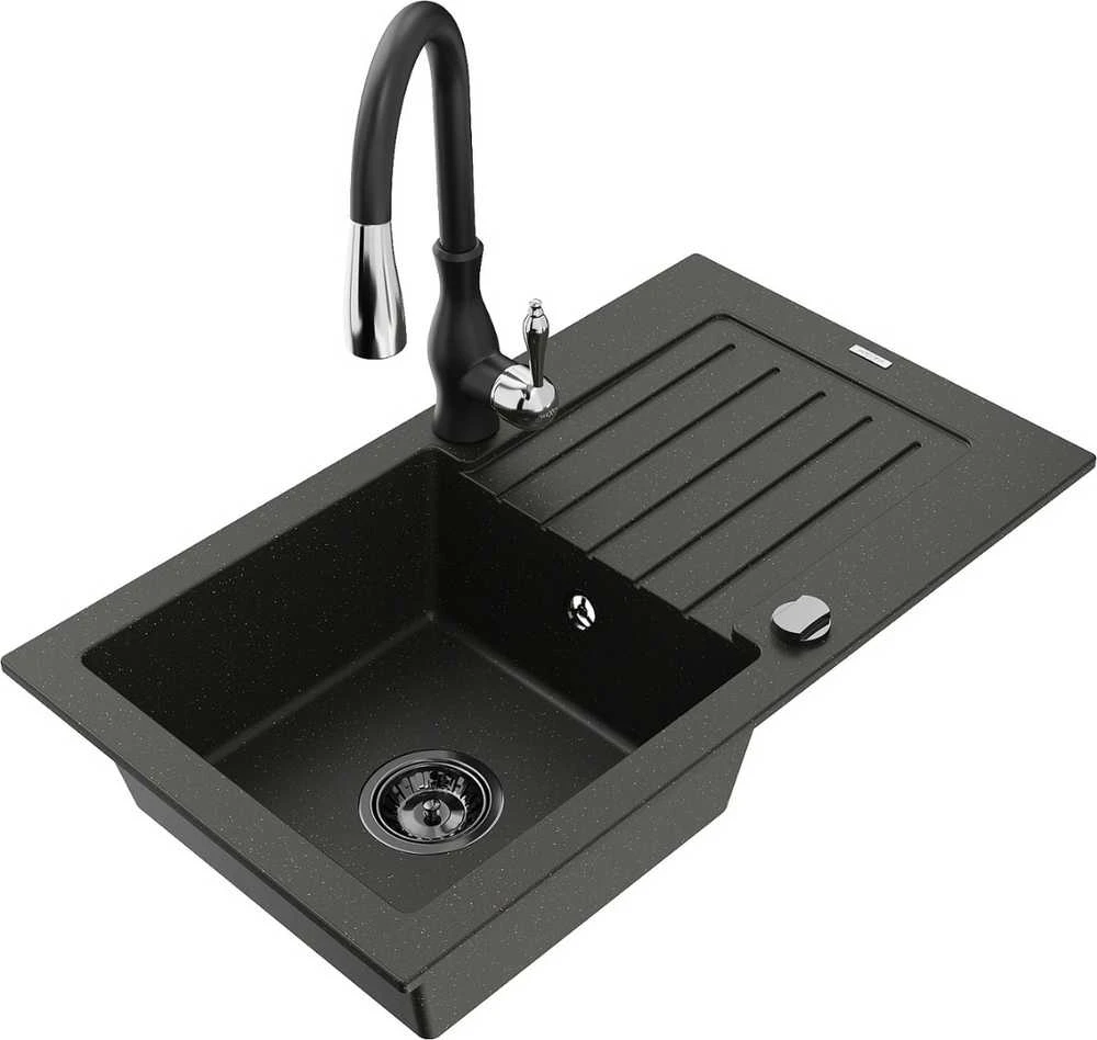 Granitinė virtuvinė plautuvė Mexen Pablo su maišytuvu ir sifonu, Metallic juodas/auksinis+Juodas