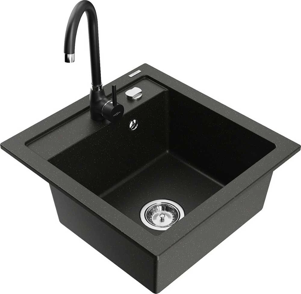 Granitinė virtuvinė plautuvė Mexen Vito su maišytuvu ir sifonu, Metallic juodas/auksinis+Juodas