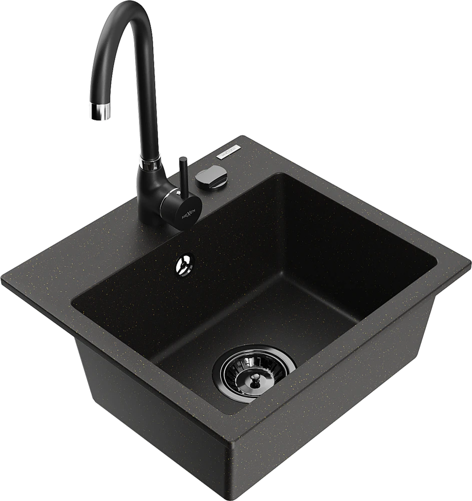 Granitinė virtuvinė plautuvė Mexen Milo su maišytuvu ir sifonu, Metallic juodas/auksinis+Juodas(B)