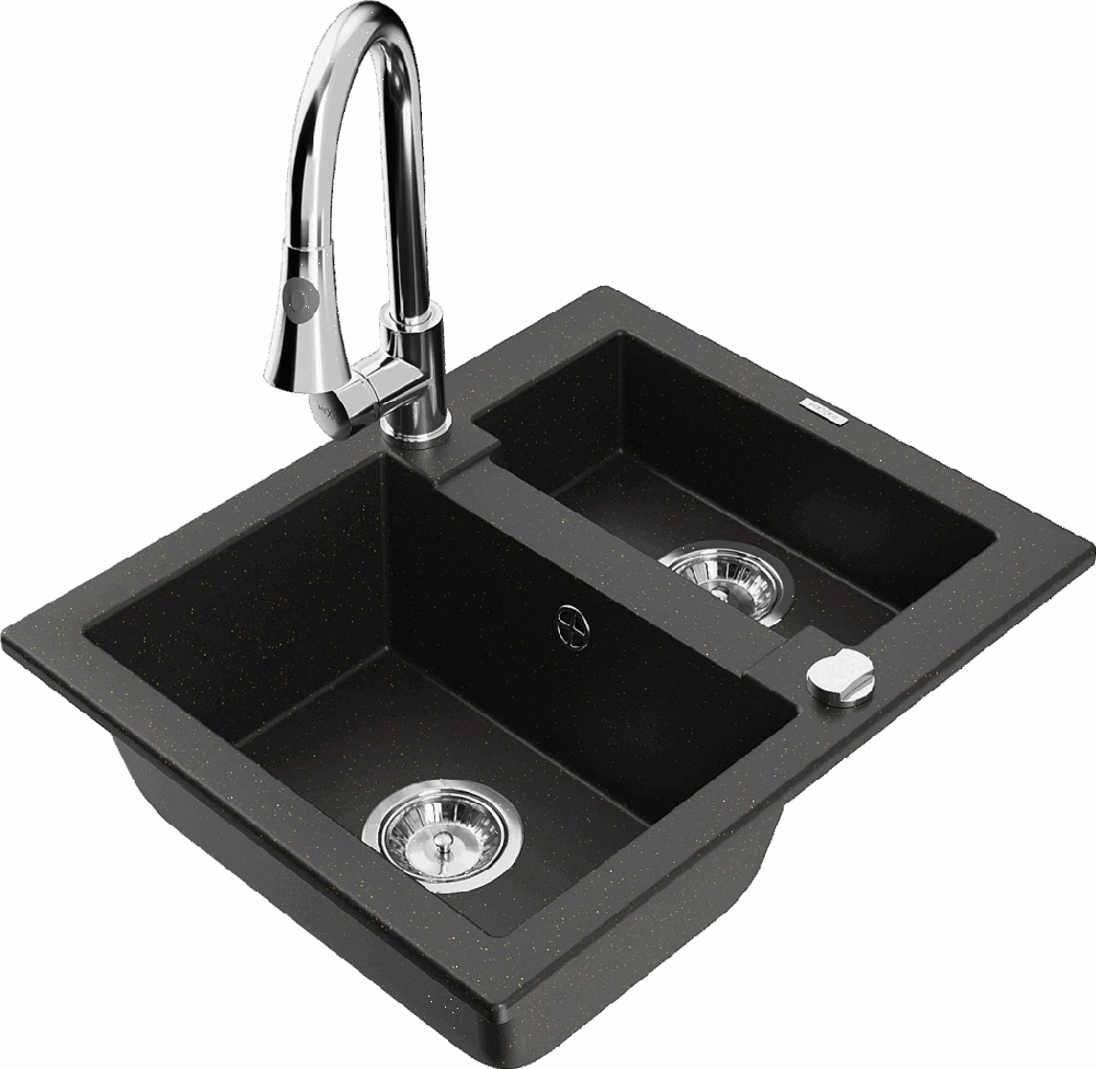Granitinė virtuvinė plautuvė Mexen Carlos su maišytuvu ir sifonu, Metallic juodas/auksinis+Chrome
