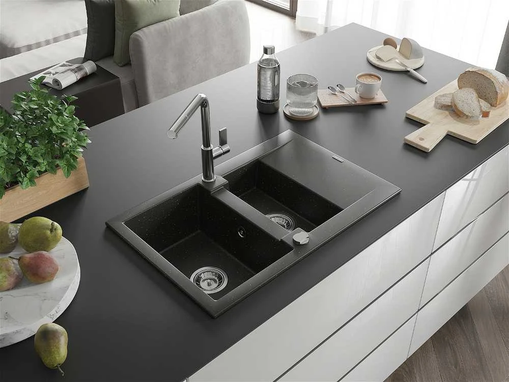 Granitinė virtuvinė plautuvė Mexen Gaspar su maišytuvu ir sifonu, Metallic juodas/auksinis+Chrome