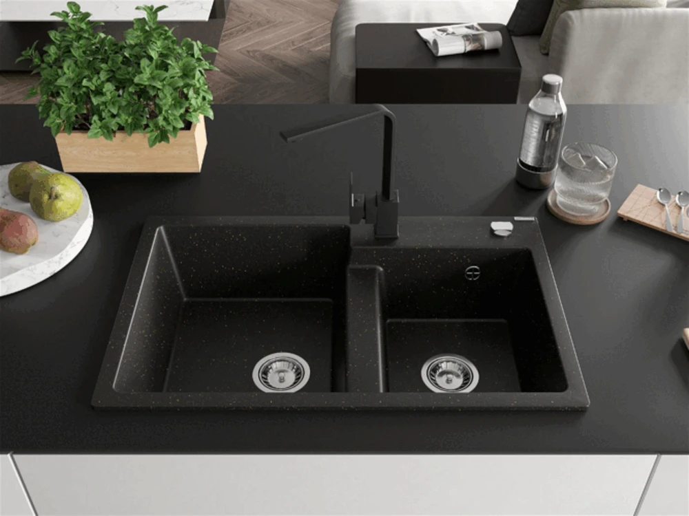 Granitinė virtuvinė plautuvė Mexen Tomas su maišytuvu ir sifonu, Metallic juodas/auksinis+Juodas