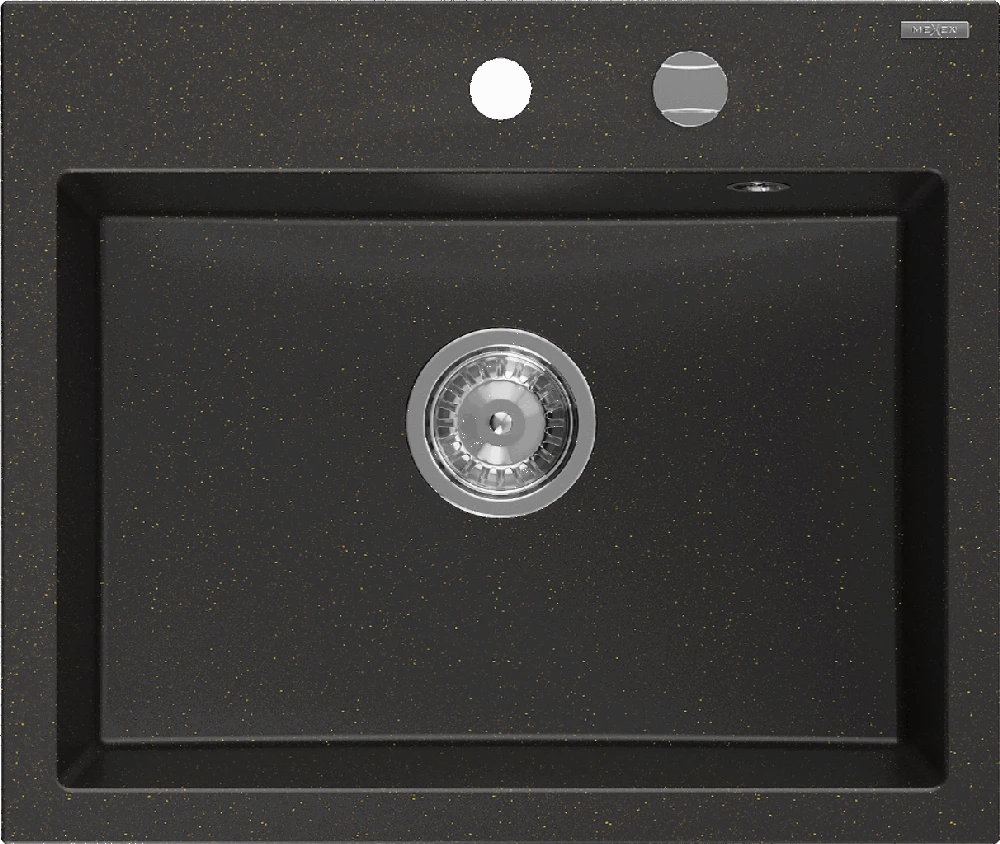 Granitinė virtuvinė plautuvė Mexen Oscar su sifonu, Metallic juodas/auksinis+Chrome, 580 x 490 mm