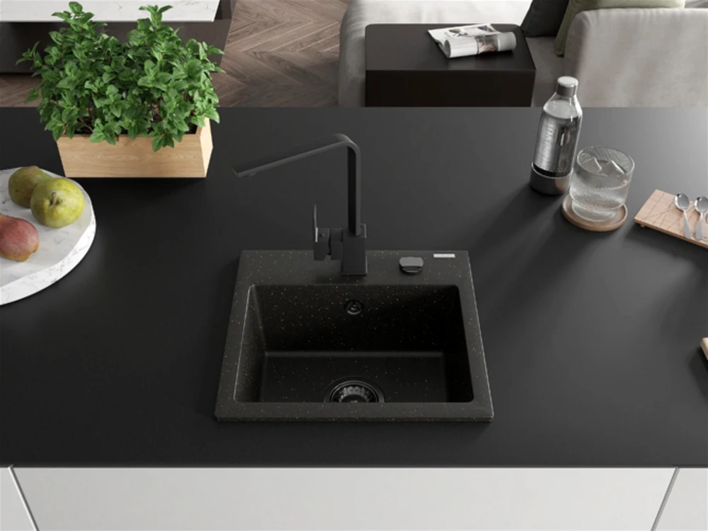 Granitinė virtuvinė plautuvė Mexen Milo su maišytuvu ir sifonu, Metallic juodas/auksinis+Juodas(B)