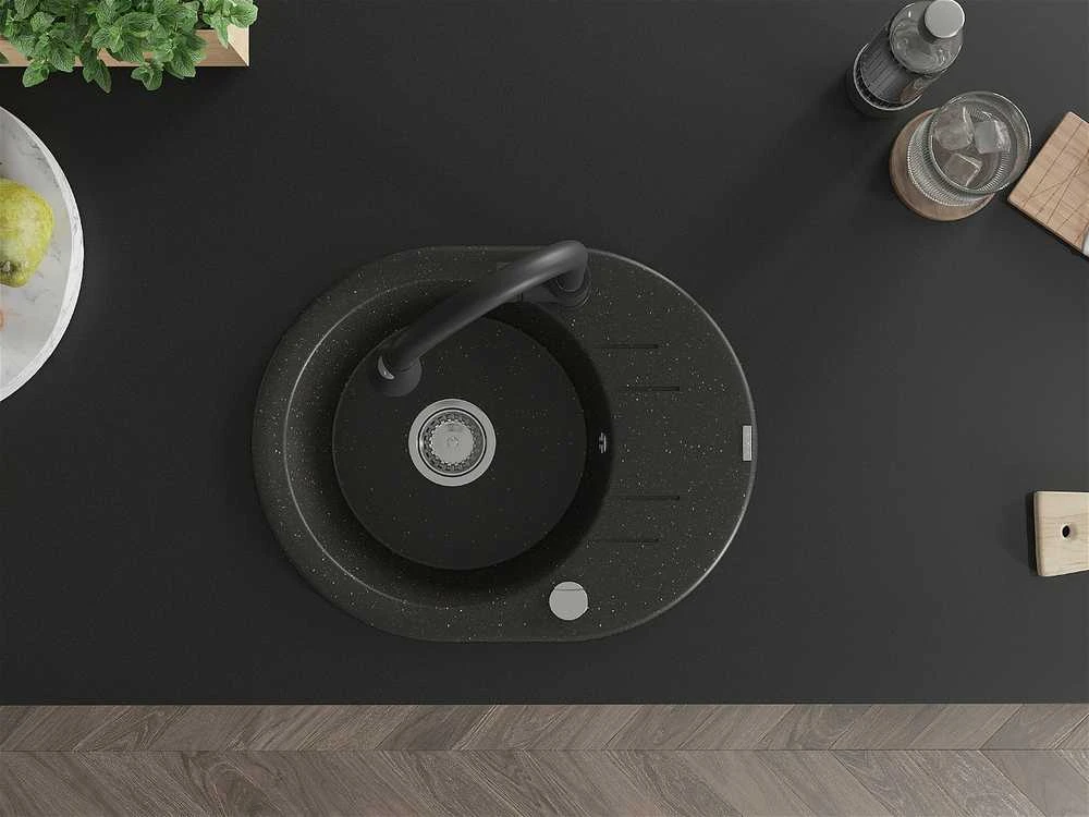 Granitinė virtuvinė plautuvė Mexen Kevin su maišytuvu ir sifonu, Metallic juodas/auksinis+Juodas