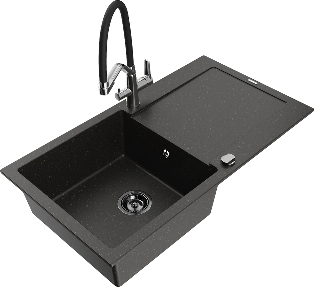 Granitinė virtuvinė plautuvė Mexen Leo su maišytuvu ir sifonu, Metallic juodas/auksinis+Juodas/Chrome