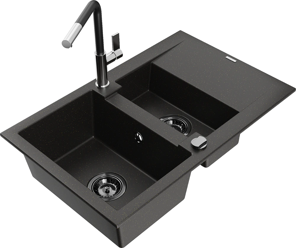 Granitinė virtuvinė plautuvė Mexen Gaspar su maišytuvu ir sifonu, Metallic juodas/auksinis+Juodas/Chrome