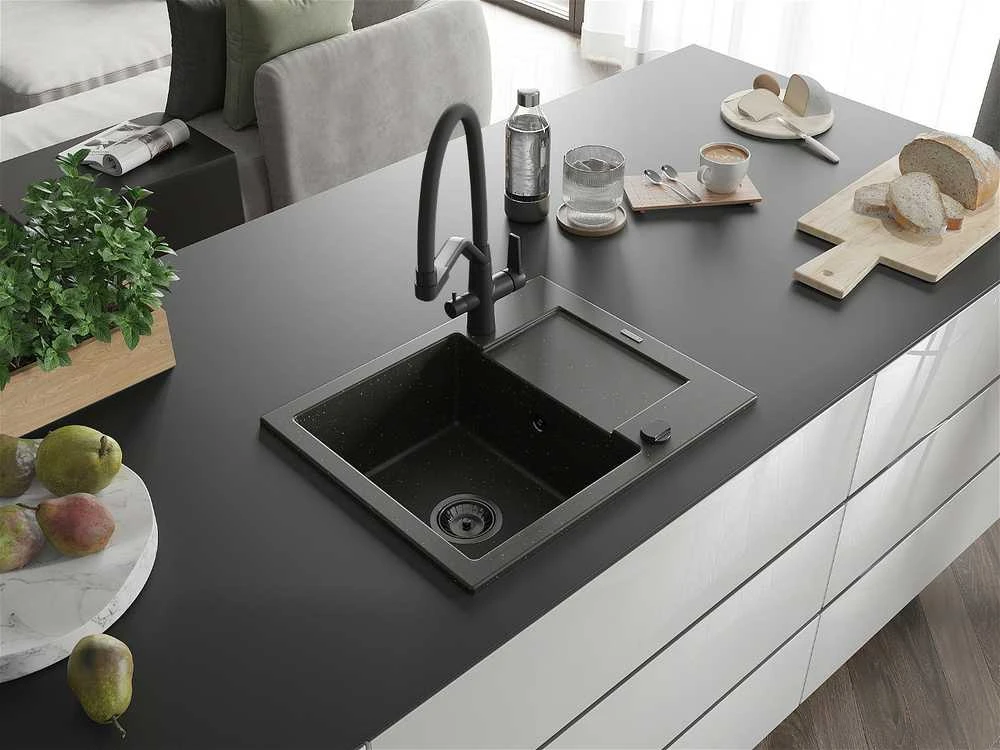 Granitinė virtuvinė plautuvė Mexen Enzo su maišytuvu ir sifonu, Metallic juodas/auksinis+Juodas