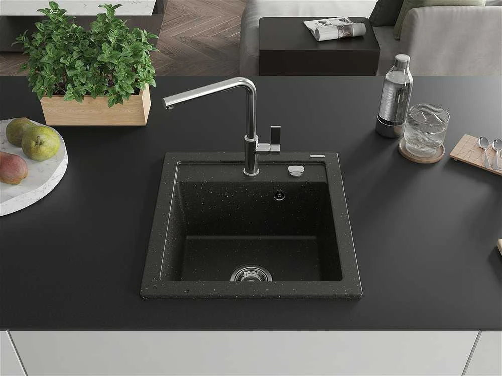Granitinė virtuvinė plautuvė Mexen Vito su maišytuvu ir sifonu, Metallic juodas/auksinis+Chrome