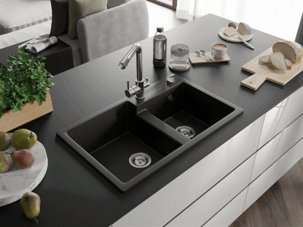 Granitinė virtuvinė plautuvė Mexen Tomas su maišytuvu ir sifonu, Metallic juodas/auksinis+Chrome