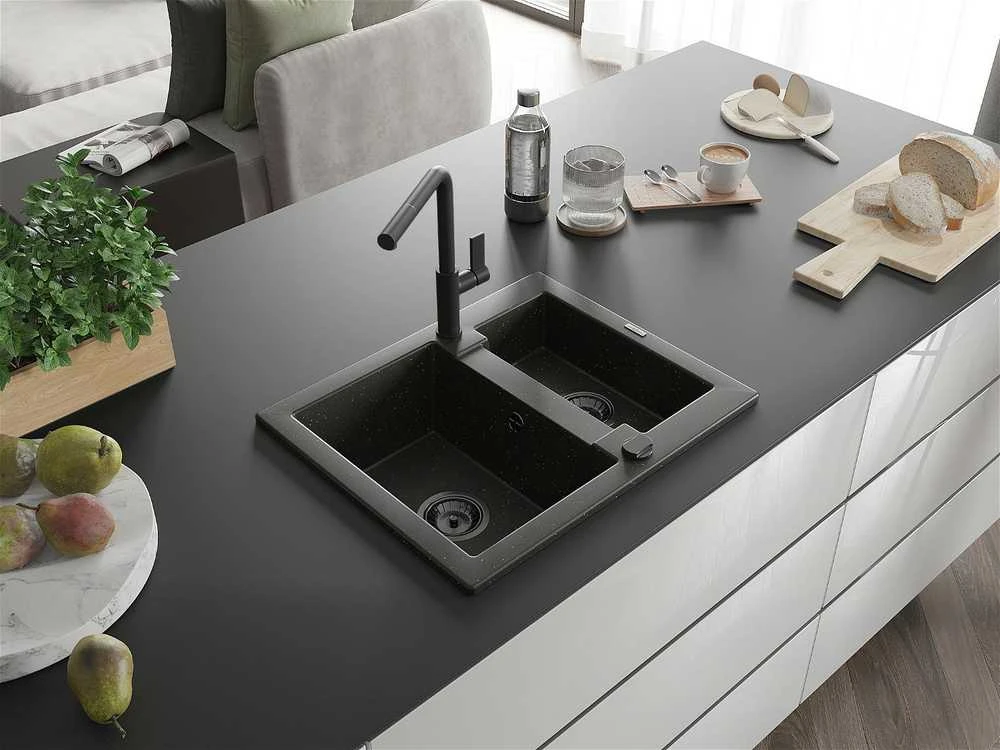 Granitinė virtuvinė plautuvė Mexen Carlos su maišytuvu ir sifonu, Metallic juodas/auksinis+Juodas
