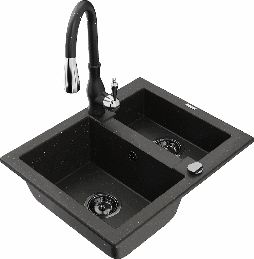 Granitinė virtuvinė plautuvė Mexen Carlos su maišytuvu ir sifonu, Metallic juodas/auksinis+Juodas