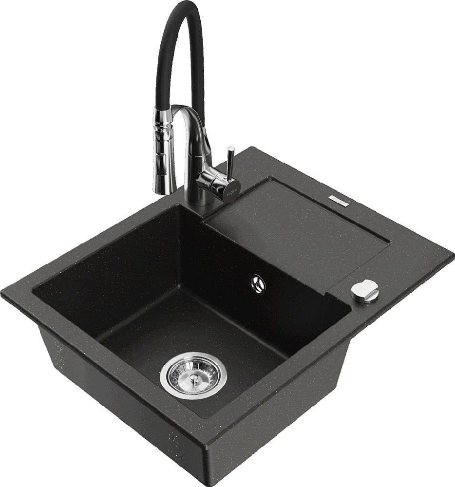 Granitinė virtuvinė plautuvė Mexen Enzo su maišytuvu ir sifonu, Metallic juodas/auksinis+Juodas/Chrome