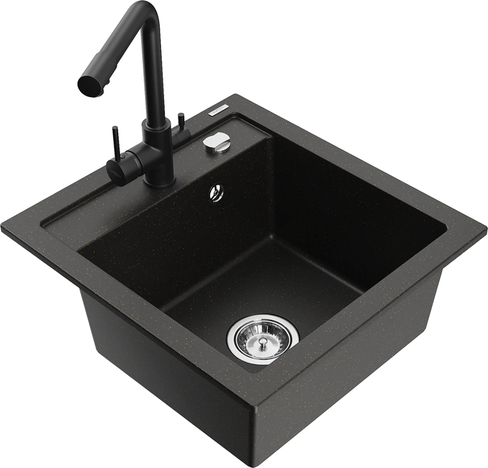 Granitinė virtuvinė plautuvė Mexen Vito su maišytuvu ir sifonu, Metallic juodas/auksinis+Juodas