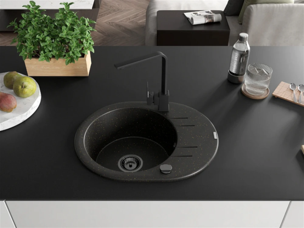 Granitinė virtuvinė plautuvė Mexen Kevin su maišytuvu ir sifonu, Metallic juodas/auksinis+Juodas(B)