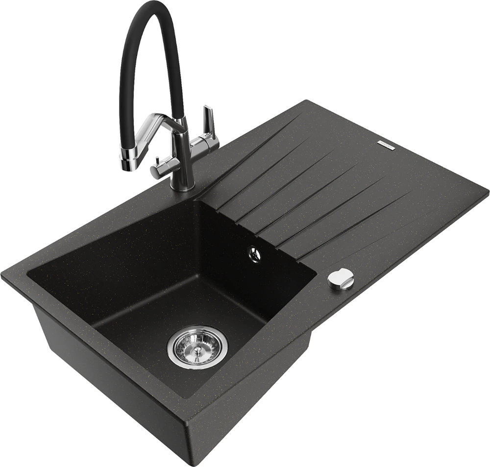 Granitinė virtuvinė plautuvė Mexen Cesar su maišytuvu ir sifonu, Metallic juodas/auksinis+Juodas/Chrome