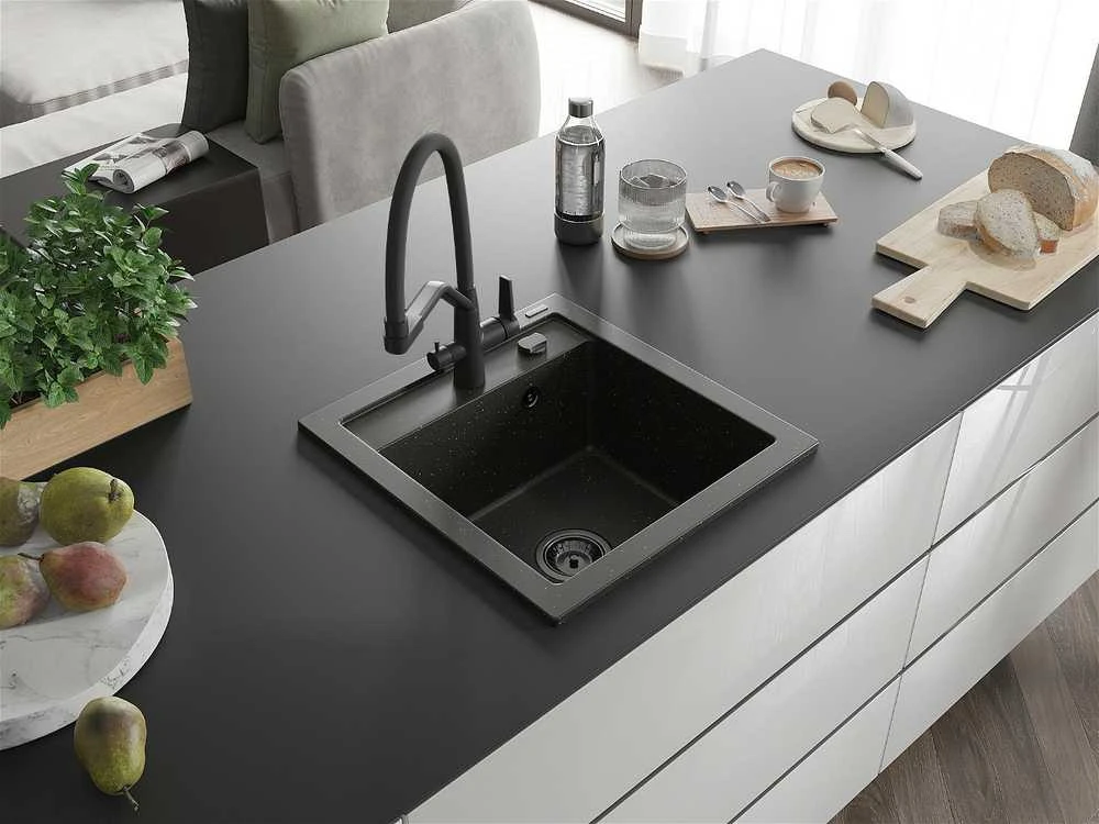 Granitinė virtuvinė plautuvė Mexen Vito su maišytuvu ir sifonu, Metallic juodas/auksinis+Juodas