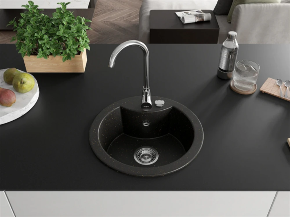 Granitinė virtuvinė plautuvė Mexen Diego su maišytuvu ir sifonu, Metallic juodas/auksinis+Chrome