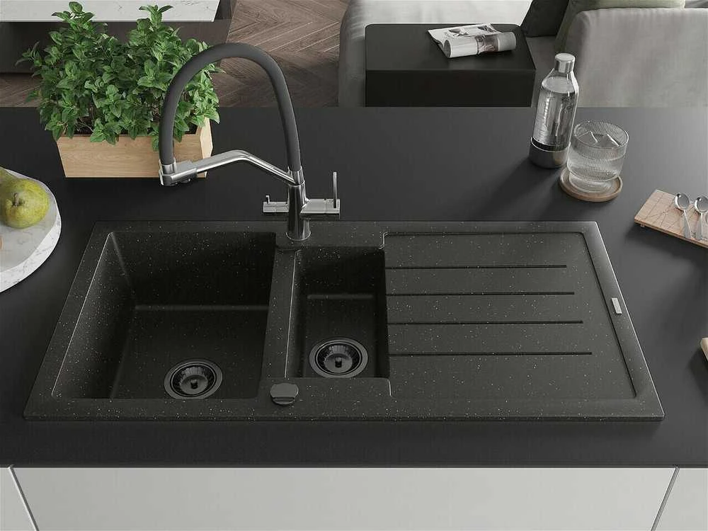 Granitinė virtuvinė plautuvė Mexen Andres su maišytuvu ir sifonu, Metallic juodas/auksinis+Juodas/Chrome