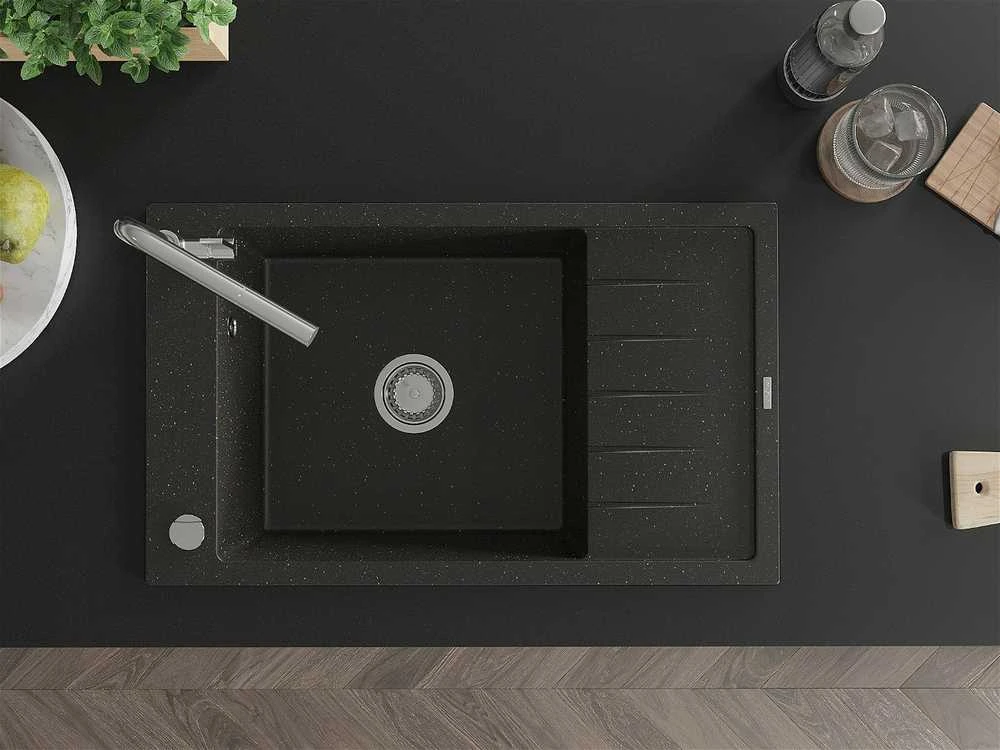 Granitinė virtuvinė plautuvė Mexen Elias su maišytuvu ir sifonu, Metallic juodas/auksinis+Chrome