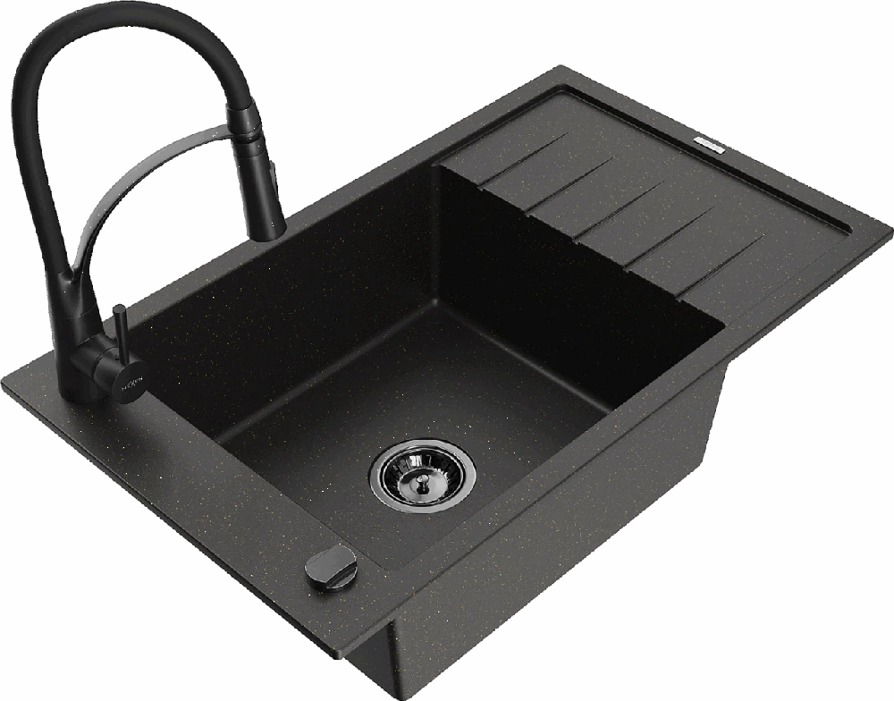 Granitinė virtuvinė plautuvė Mexen Elias su maišytuvu ir sifonu, Metallic juodas/auksinis+Juodas