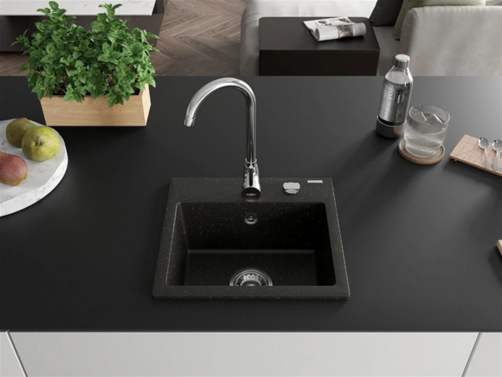 Granitinė virtuvinė plautuvė Mexen Milo su maišytuvu ir sifonu, Metallic juodas/auksinis+Chrome