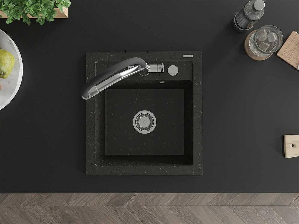 Granitinė virtuvinė plautuvė Mexen Vito su maišytuvu ir sifonu, Metallic juodas/auksinis+Juodas/Chrome
