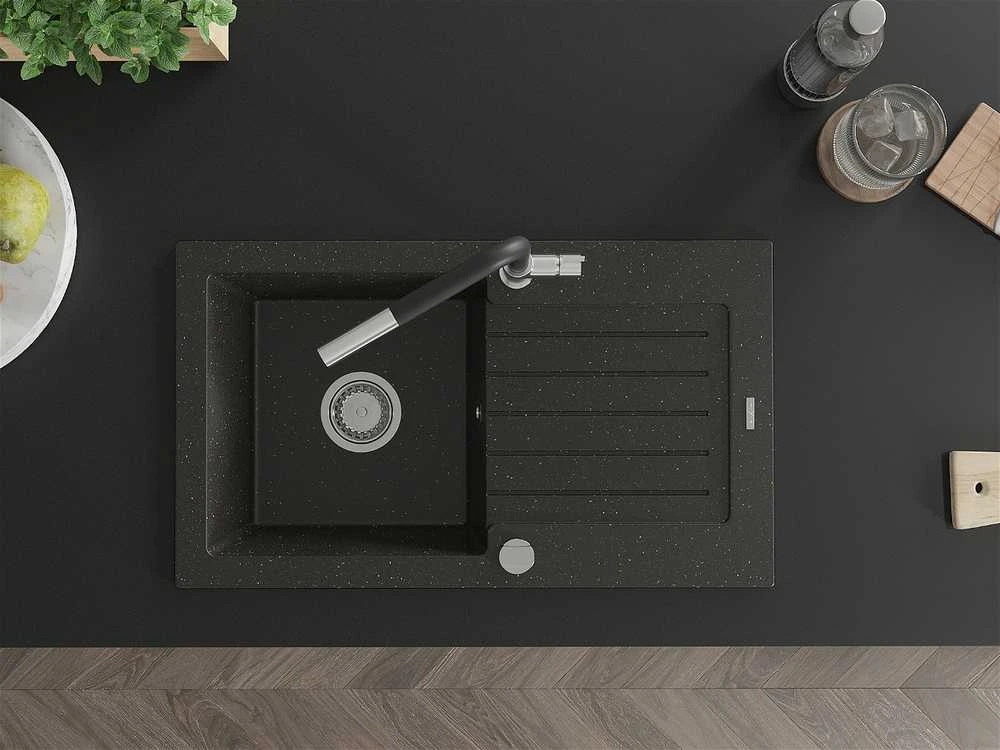 Granitinė virtuvinė plautuvė Mexen Pablo su maišytuvu ir sifonu, Metallic juodas/auksinis+Juodas/Chrome