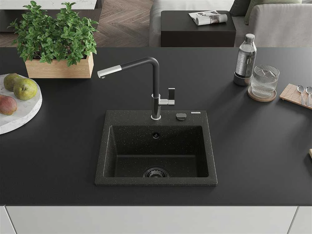 Granitinė virtuvinė plautuvė Mexen Milo su maišytuvu ir sifonu, Metallic juodas/auksinis+Juodas/Chrome