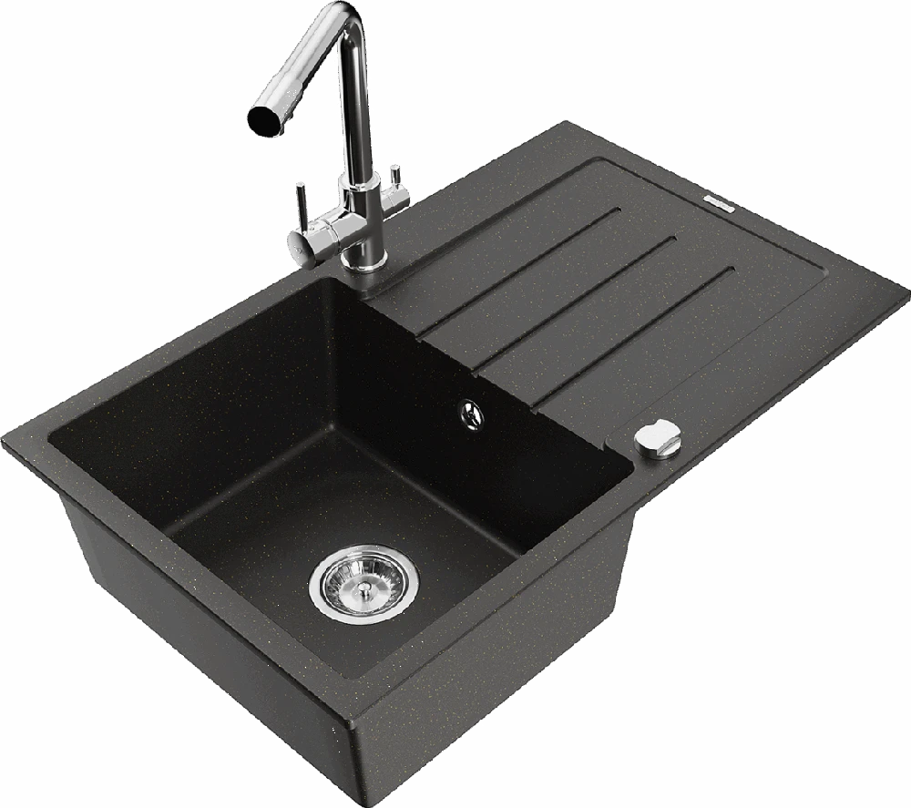 Granitinė virtuvinė plautuvė Mexen Bruno su maišytuvu ir sifonu, Metallic juodas/auksinis+Chrome