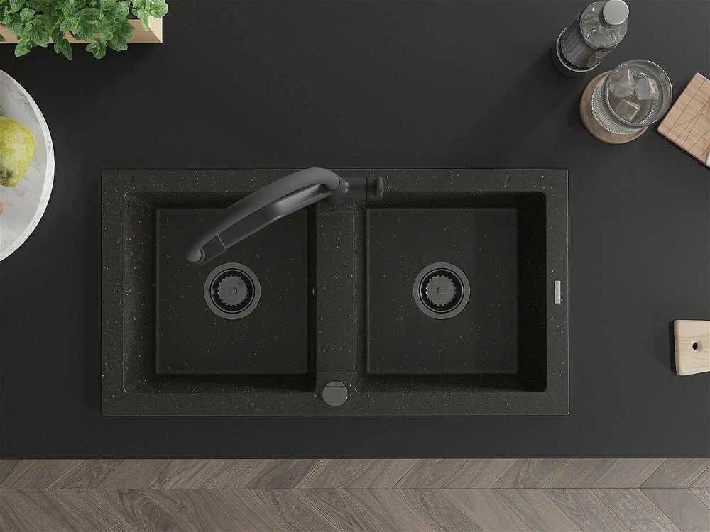 Granitinė virtuvinė plautuvė Mexen Mario su maišytuvu ir sifonu, Metallic juodas/auksinis+Juodas