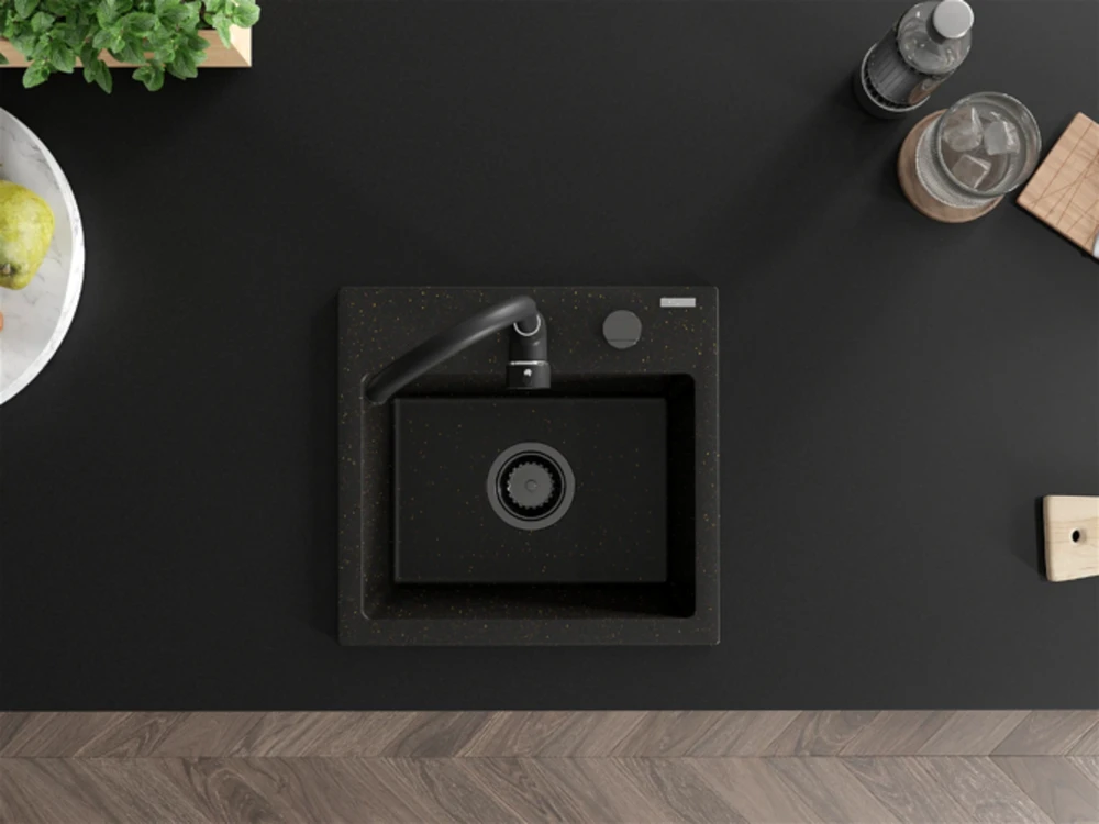 Granitinė virtuvinė plautuvė Mexen Milo su maišytuvu ir sifonu, Metallic juodas/auksinis+Juodas(B)