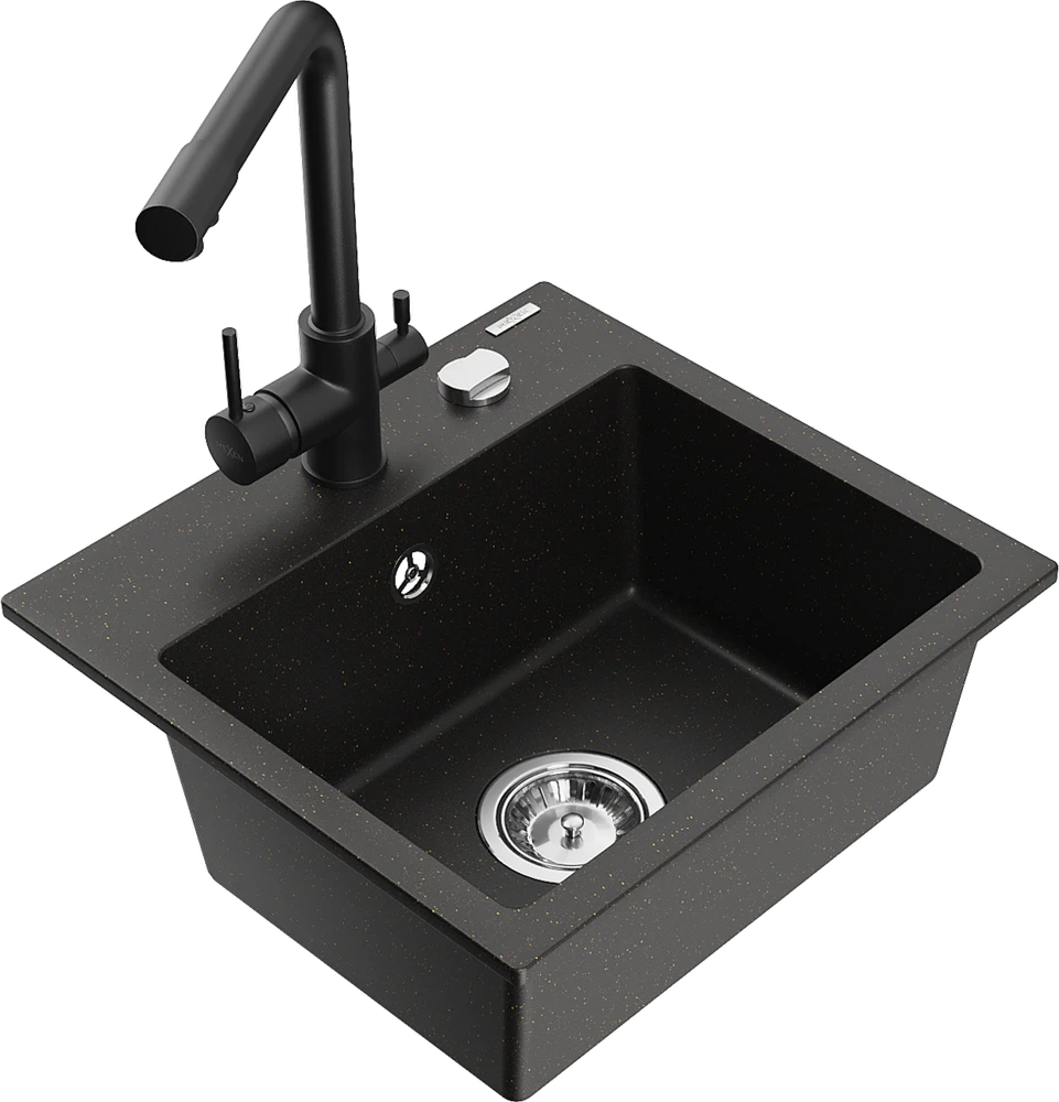 Granitinė virtuvinė plautuvė Mexen Milo su maišytuvu ir sifonu, Metallic juodas/auksinis+Juodas