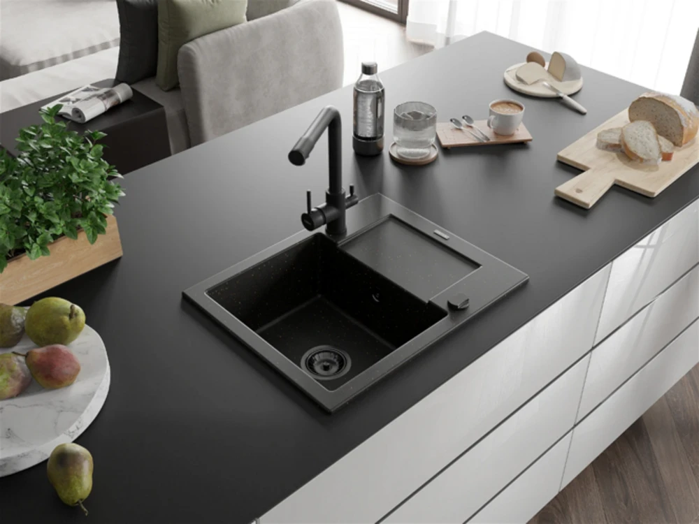 Granitinė virtuvinė plautuvė Mexen Enzo su maišytuvu ir sifonu, Metallic juodas/auksinis+Juodas(B)