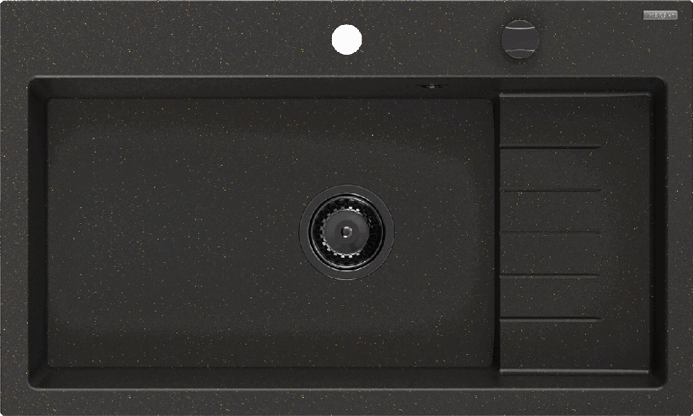 Granitinė virtuvinė plautuvė Mexen Omar su sifonu, Metallic juodas/auksinis+Juodas, 800 x 480 mm